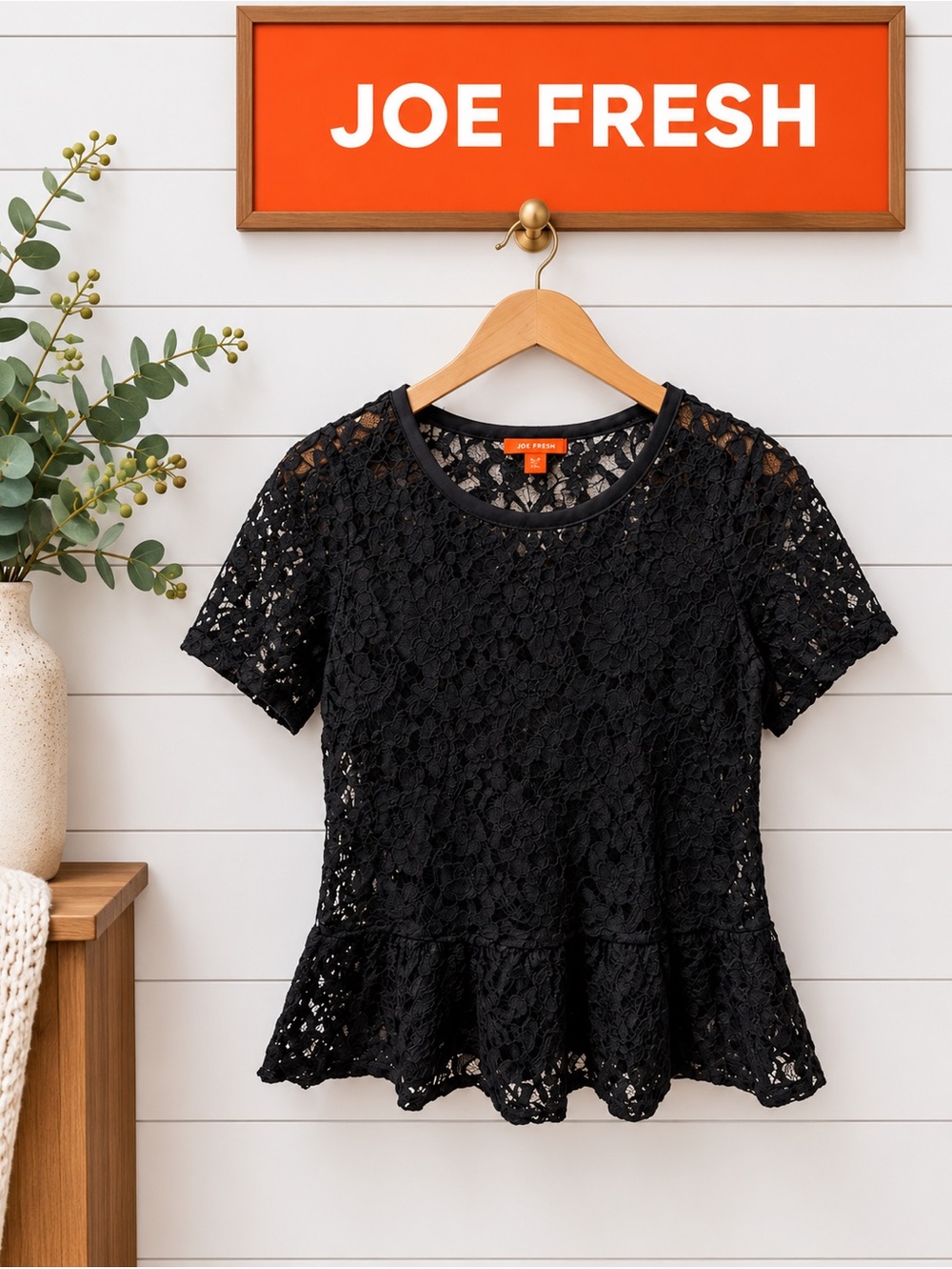JOE FRESH Black Lace Peplum Top Size XS